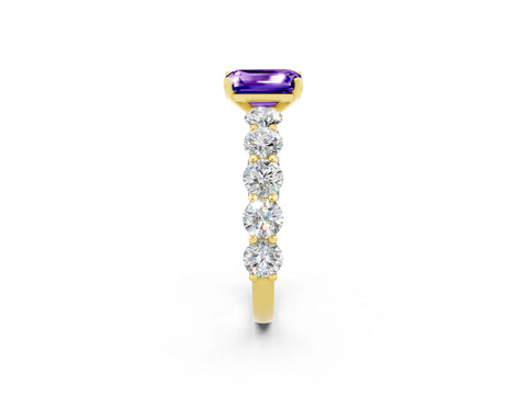Yellow gold Emerald Cut Tanzanite Prong Setting with Side Stones on a Pave Band_2