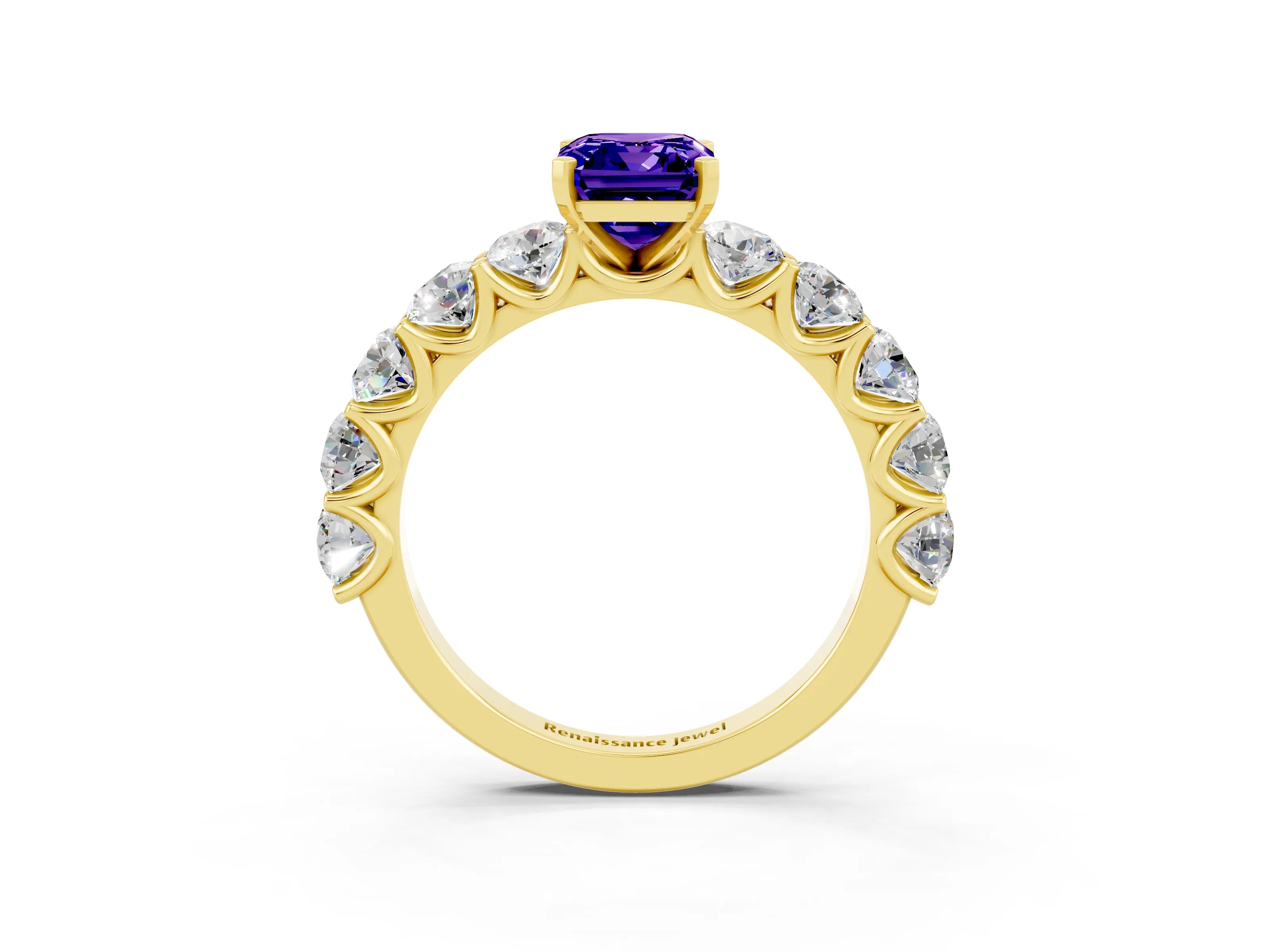 Yellow gold Emerald Cut Tanzanite Prong Setting with Side Stones on a Pave Band_3