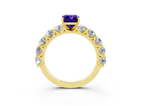 Yellow gold Emerald Cut Tanzanite Prong Setting with Side Stones on a Pave Band_3