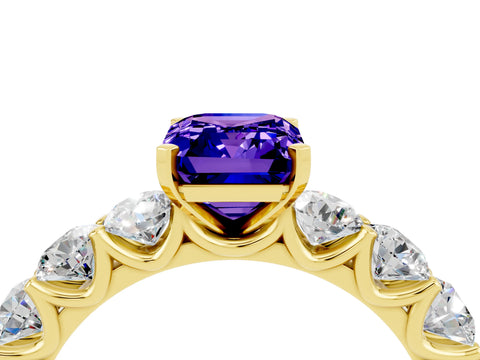 Yellow gold Emerald Cut Tanzanite Prong Setting with Side Stones on a Pave Band_4