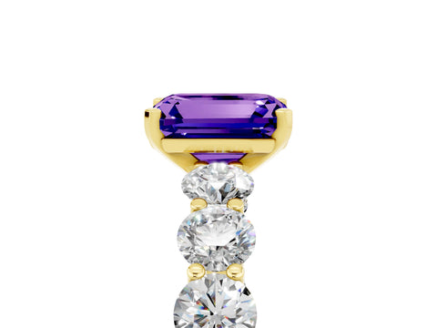 Yellow gold Emerald Cut Tanzanite Prong Setting with Side Stones on a Pave Band_5