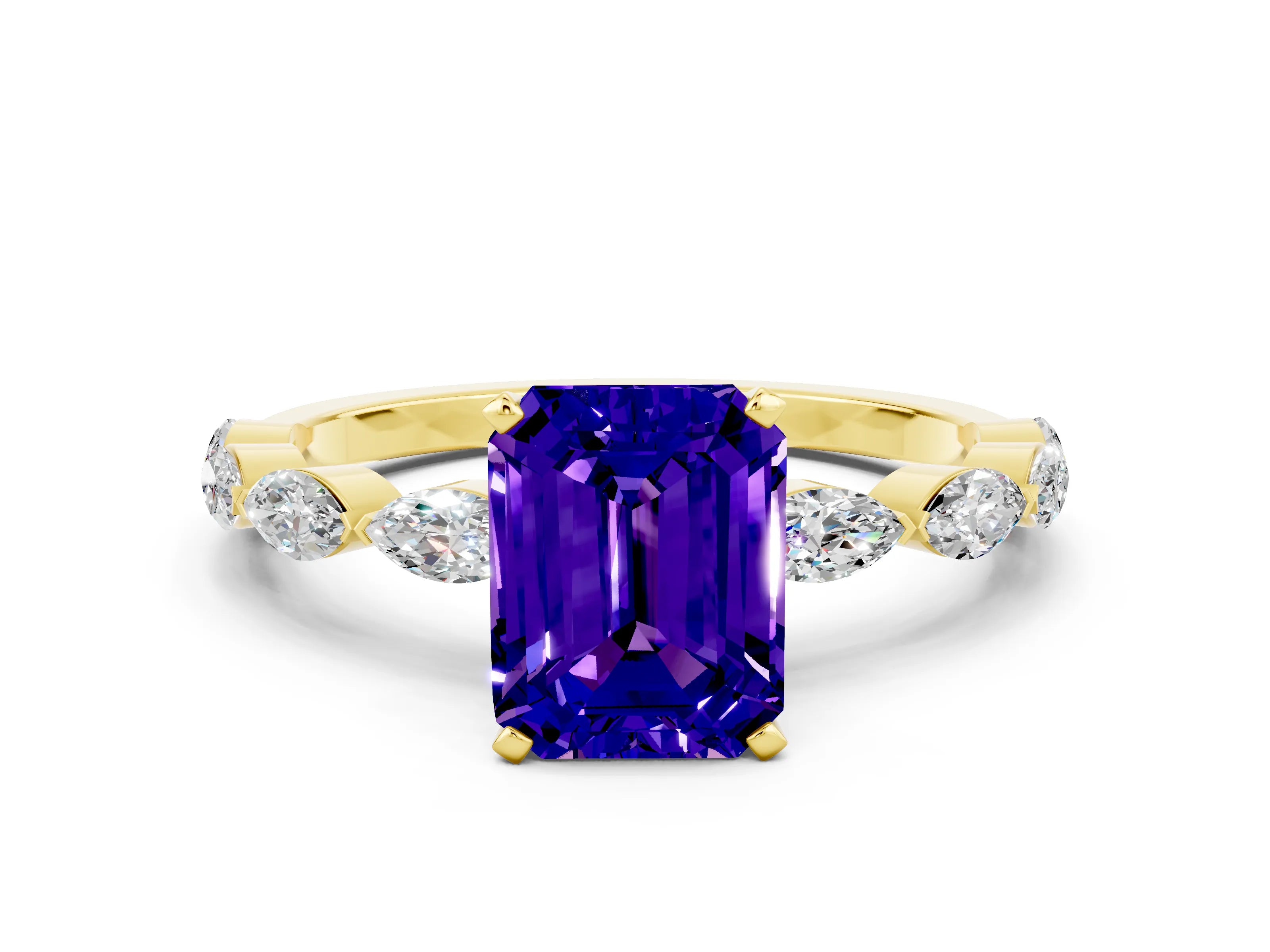 Yellow gold Emerald Cut Tanzanite Ring with Marquise Side Stones and Prong Setting