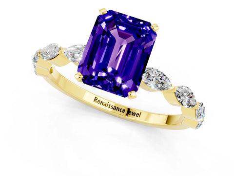 Yellow gold Emerald Cut Tanzanite Ring with Marquise Side Stones and Prong Setting_1
