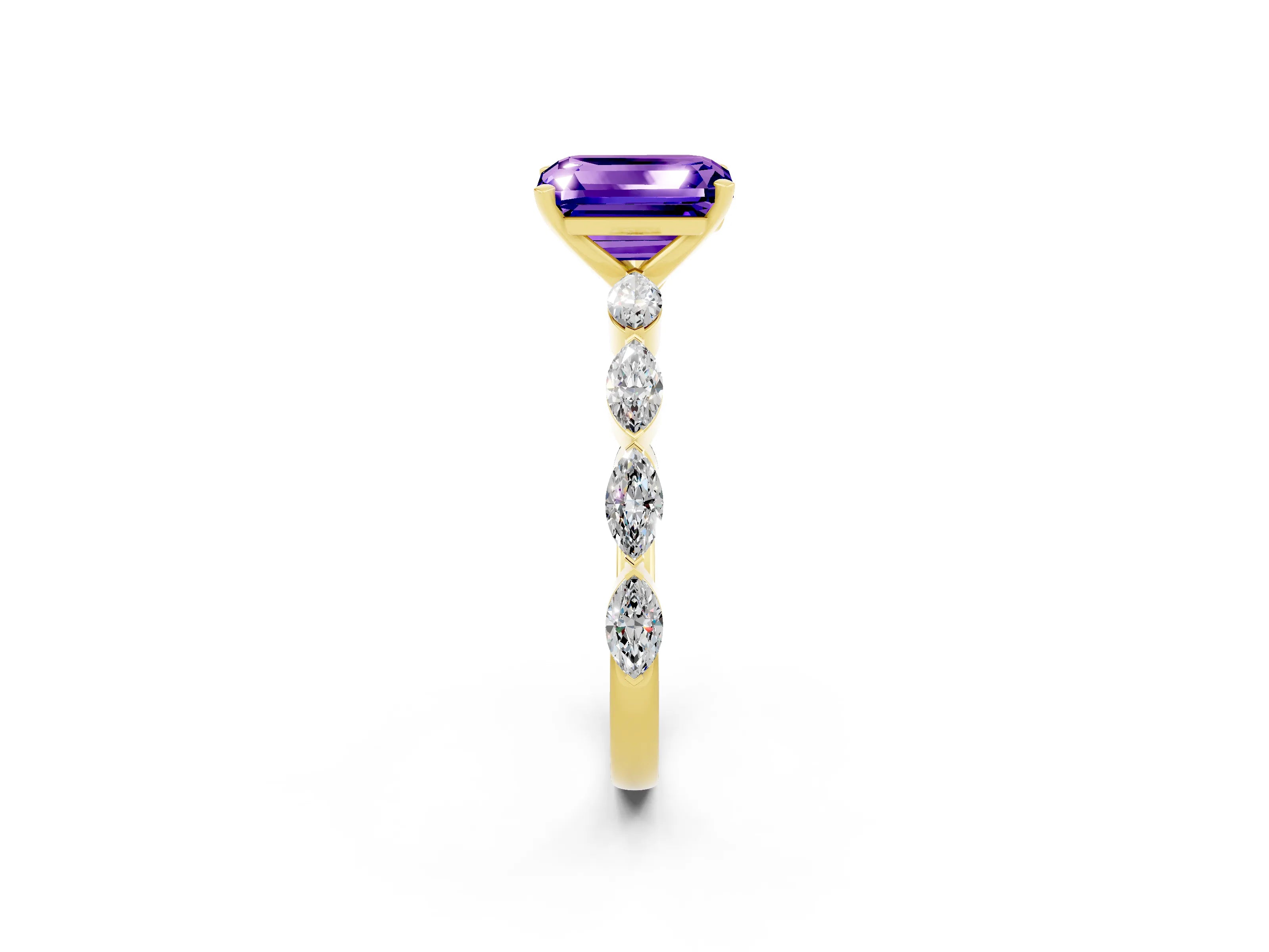 Yellow gold Emerald Cut Tanzanite Ring with Marquise Side Stones and Prong Setting_2