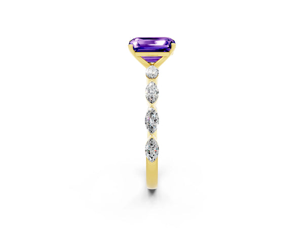 Yellow gold Emerald Cut Tanzanite Ring with Marquise Side Stones and Prong Setting