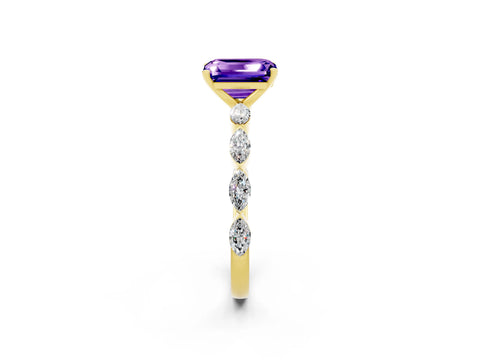 Yellow gold Emerald Cut Tanzanite Ring with Marquise Side Stones and Prong Setting_2