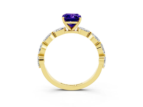 Yellow gold Emerald Cut Tanzanite Ring with Marquise Side Stones and Prong Setting_3