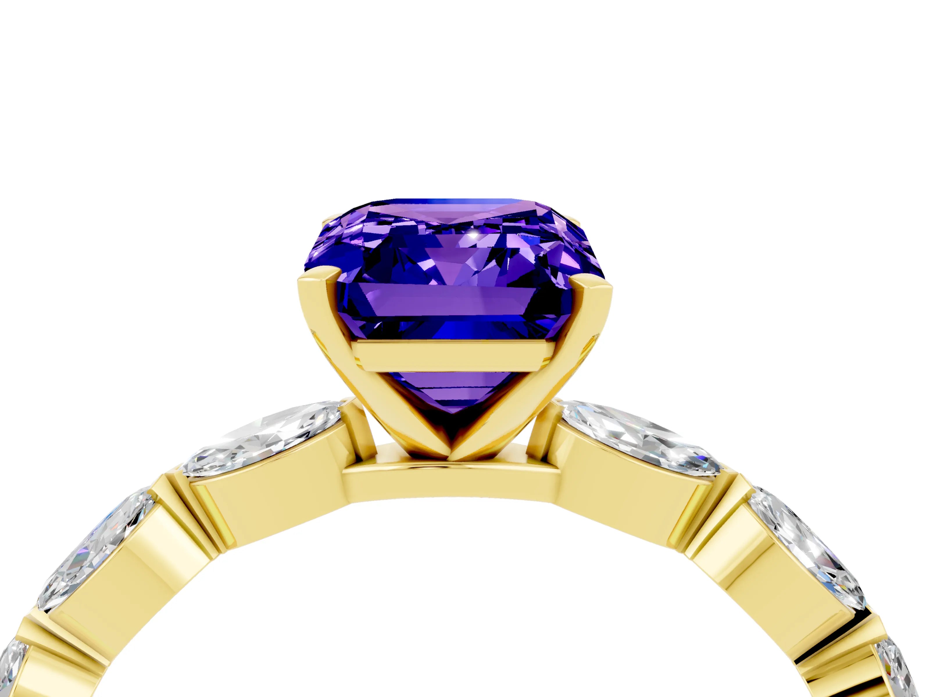 Yellow gold Emerald Cut Tanzanite Ring with Marquise Side Stones and Prong Setting_4