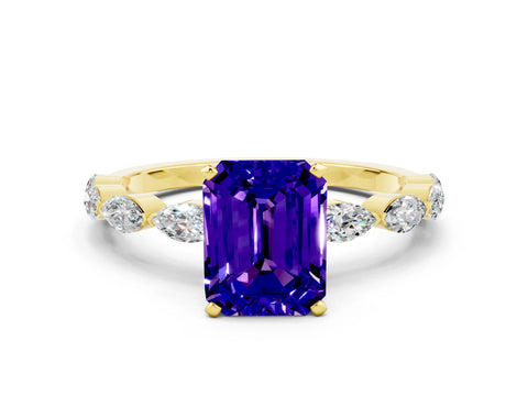Yellow gold Emerald Cut Tanzanite Ring with Marquise Side Stones and Prong Setting