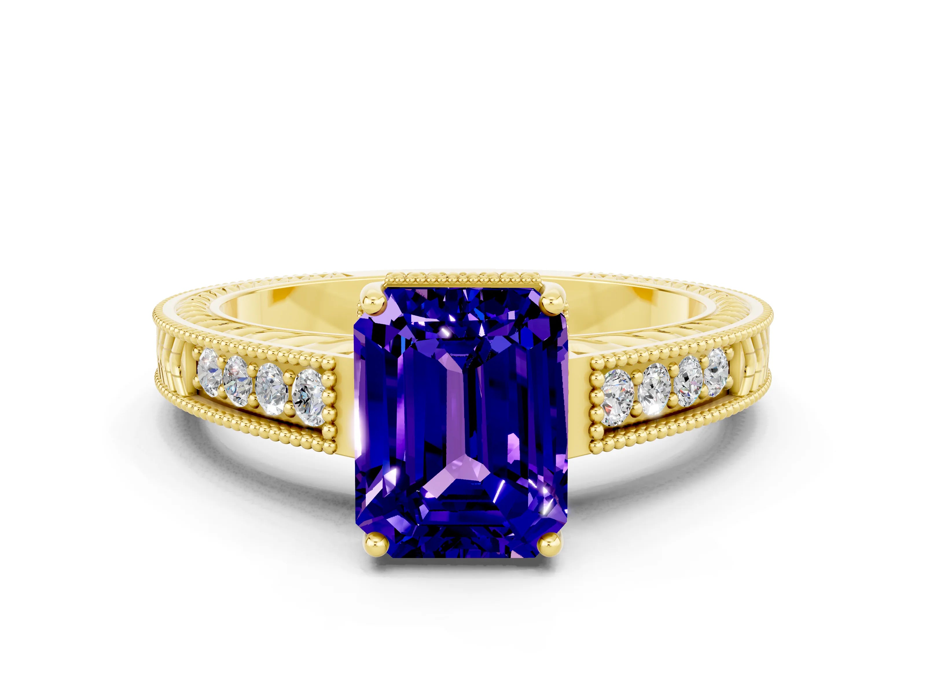 Yellow gold Emerald Cut Tanzanite Ring with Milgrain Pavé Band and Four-Prong Setting_12