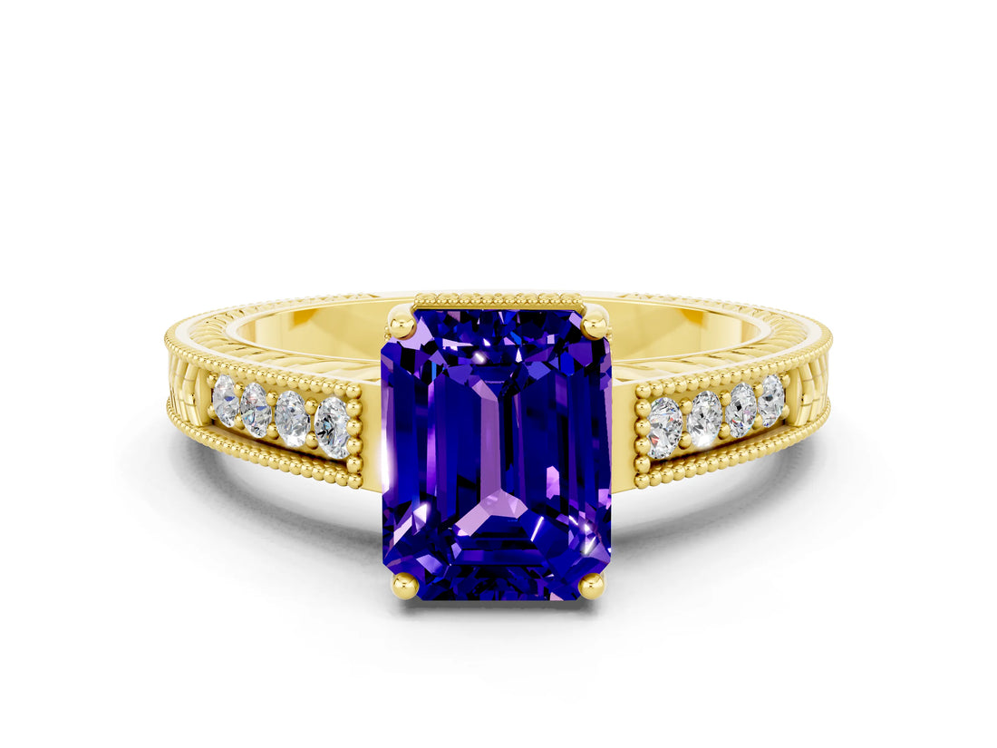 Yellow gold Emerald Cut Tanzanite Ring with Milgrain Pavé Band and Four-Prong Setting_12
