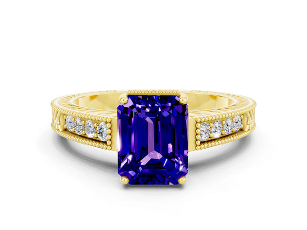 Yellow gold Emerald Cut Tanzanite Ring with Milgrain Pavé Band and Four-Prong Setting