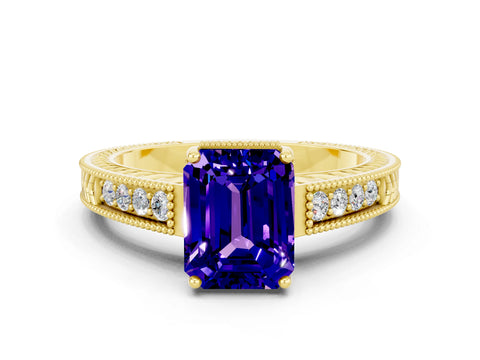 Yellow gold Emerald Cut Tanzanite Ring with Milgrain Pavé Band and Four-Prong Setting_12