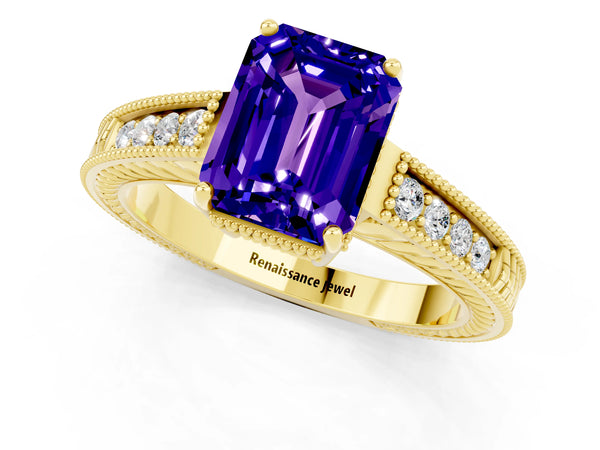 Yellow gold Emerald Cut Tanzanite Ring with Milgrain Pavé Band and Four-Prong Setting