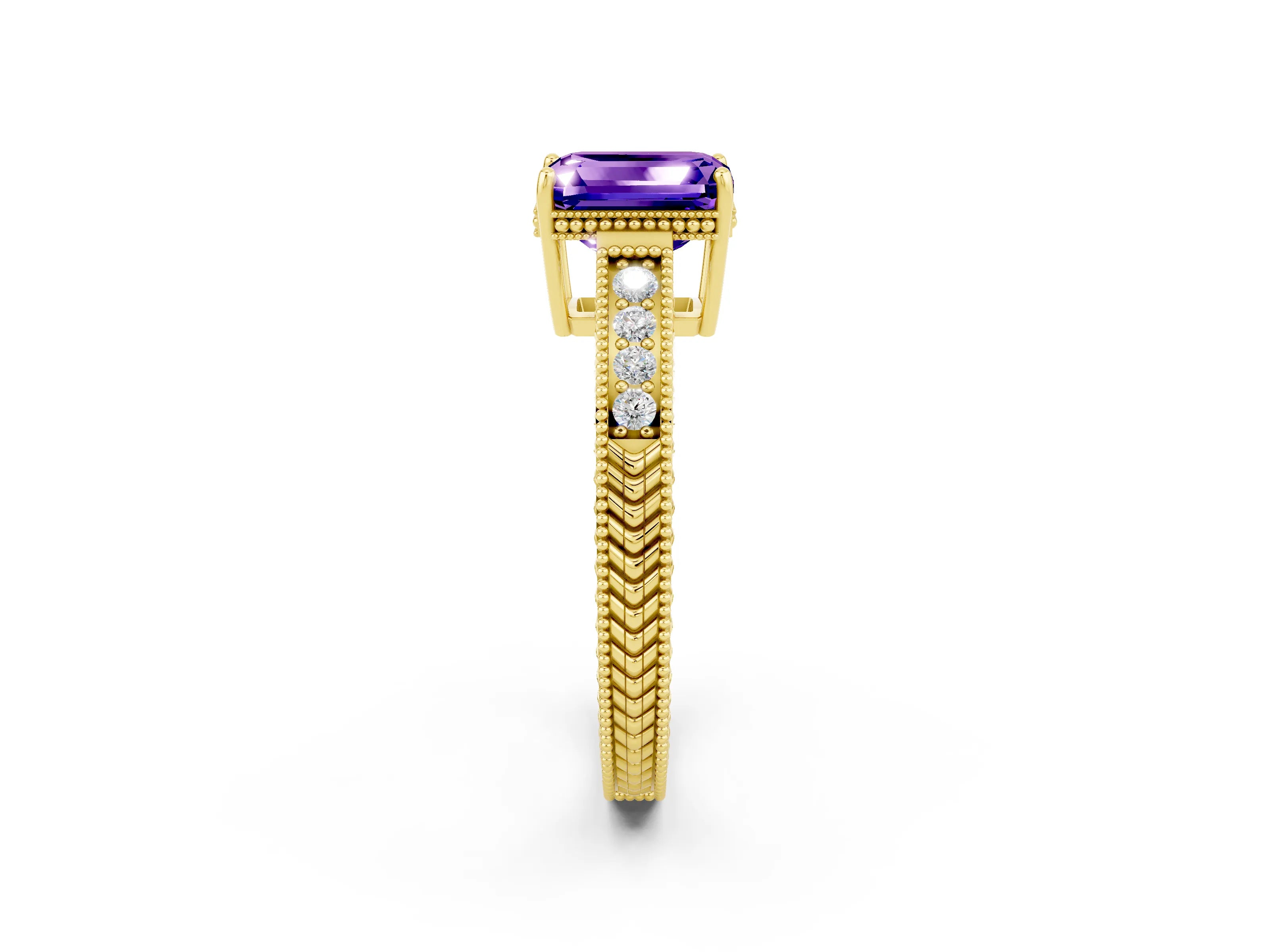Yellow gold Emerald Cut Tanzanite Ring with Milgrain Pavé Band and Four-Prong Setting_14