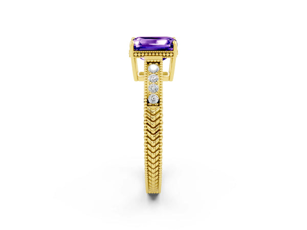 Yellow gold Emerald Cut Tanzanite Ring with Milgrain Pavé Band and Four-Prong Setting
