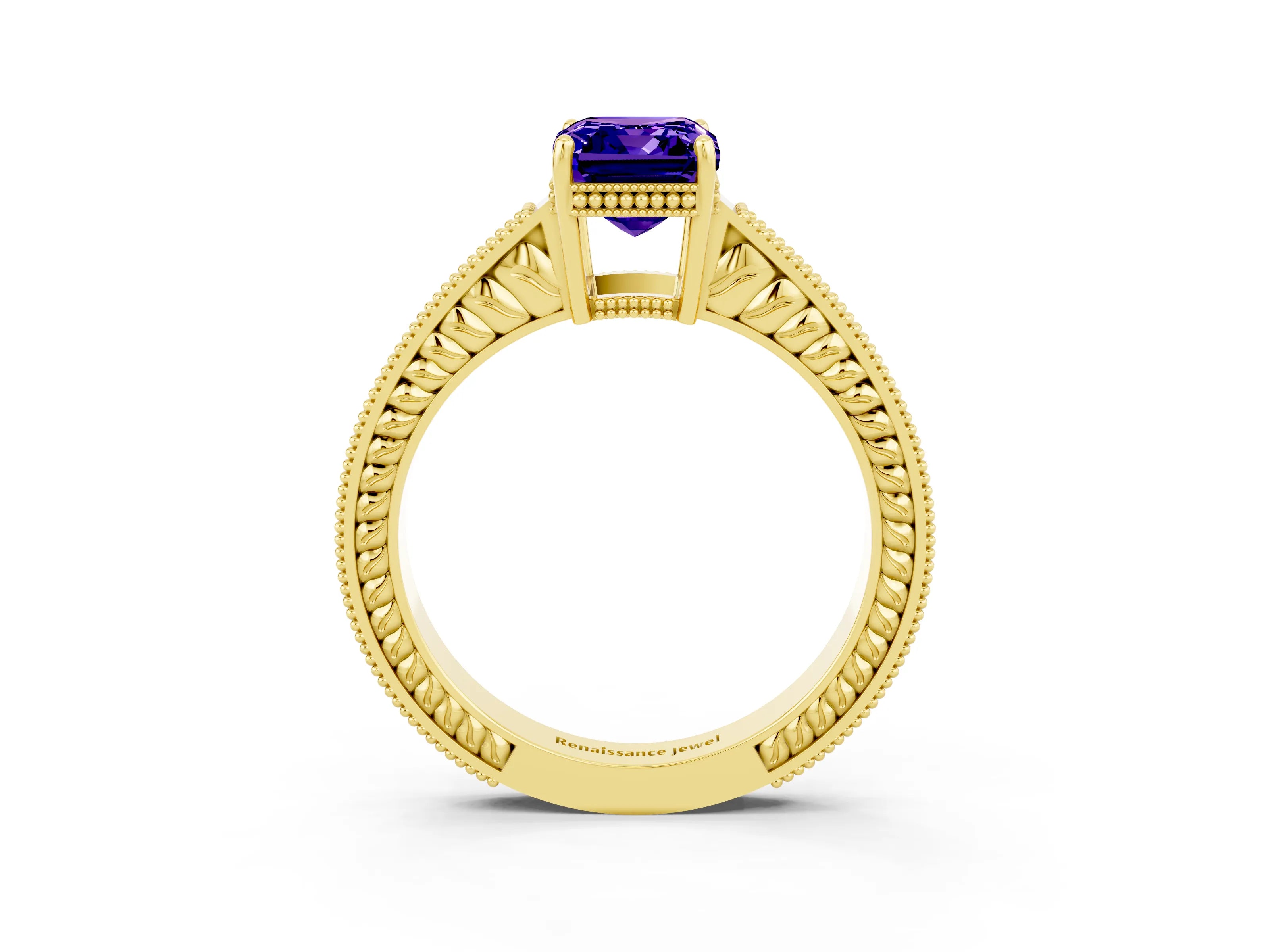Yellow gold Emerald Cut Tanzanite Ring with Milgrain Pavé Band and Four-Prong Setting_15