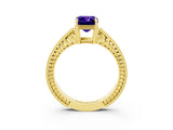 Yellow gold Emerald Cut Tanzanite Ring with Milgrain Pavé Band and Four-Prong Setting_15