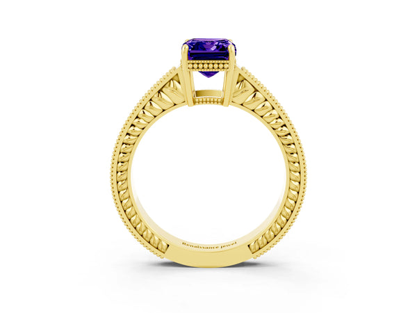 Yellow gold Emerald Cut Tanzanite Ring with Milgrain Pavé Band and Four-Prong Setting