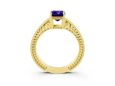 Yellow gold Emerald Cut Tanzanite Ring with Milgrain Pavé Band and Four-Prong Setting_15