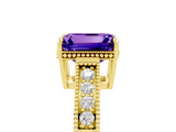 Yellow gold Emerald Cut Tanzanite Ring with Milgrain Pavé Band and Four-Prong Setting_17