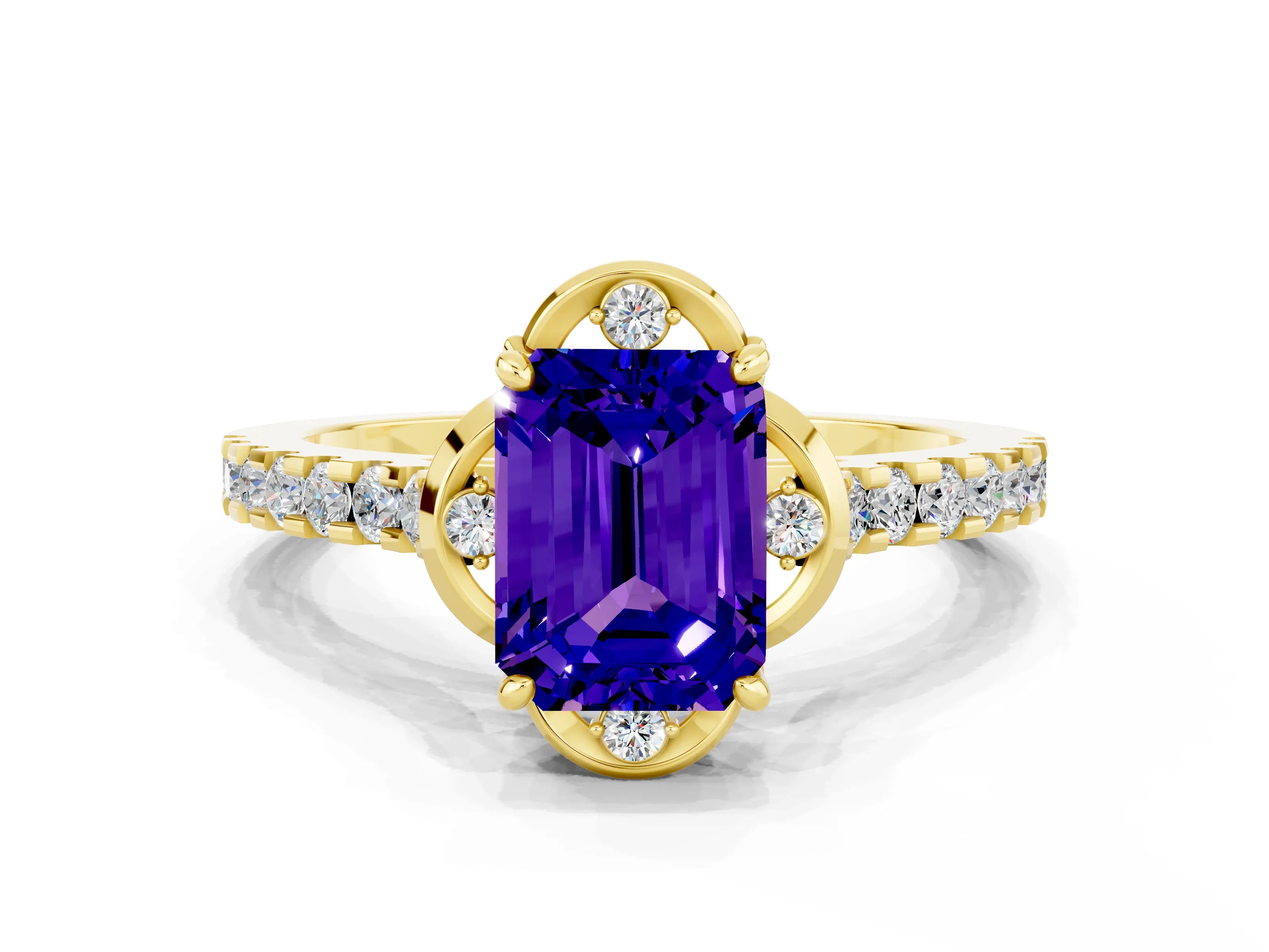 Yellow gold Emerald Cut Tanzanite Ring with Pavé Band and Floral Prong Setting