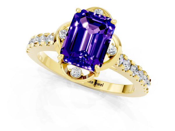 Yellow gold Emerald Cut Tanzanite Ring with Pavé Band and Floral Prong Setting