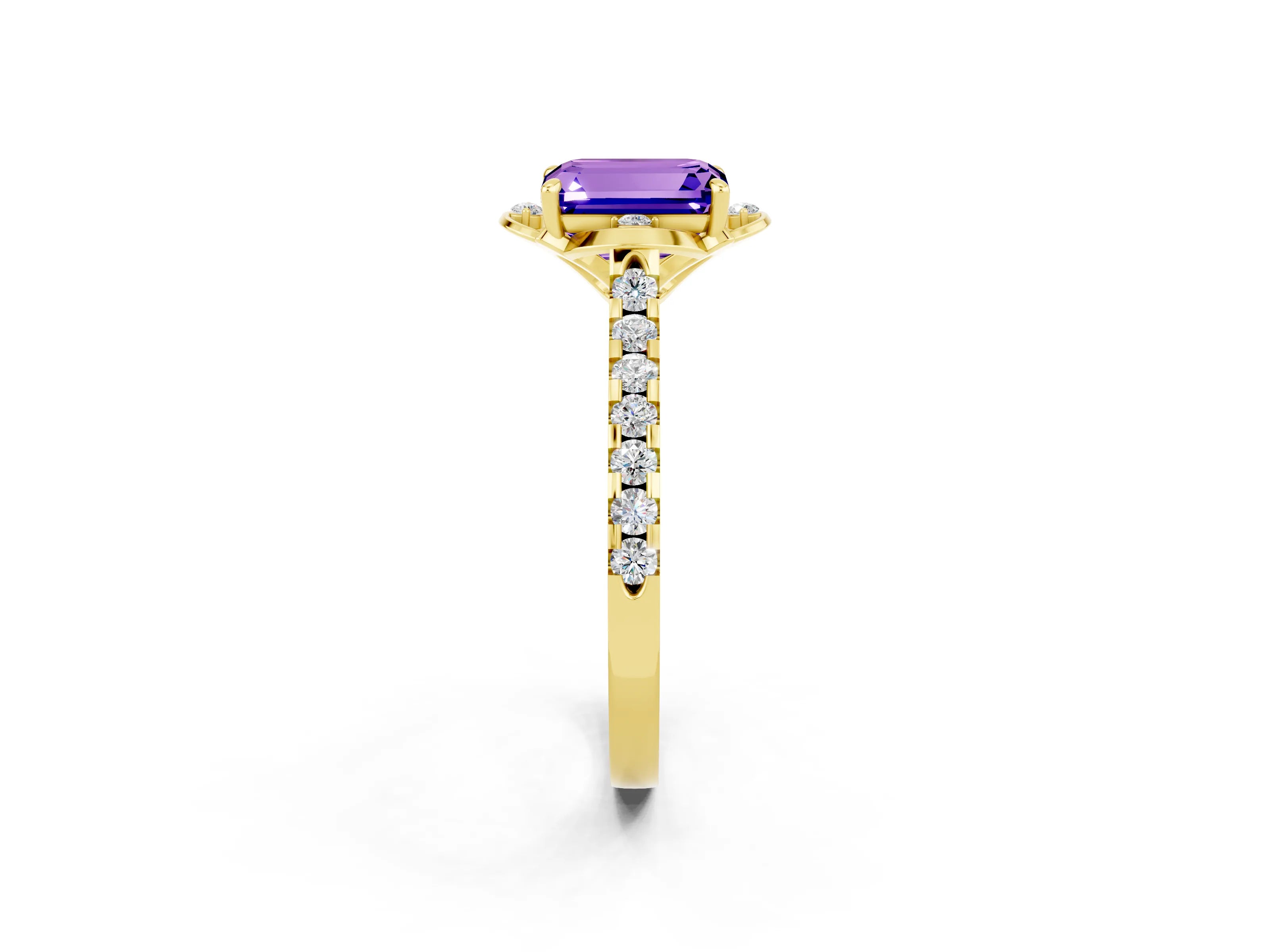Yellow gold Emerald Cut Tanzanite Ring with Pavé Band and Floral Prong Setting_2