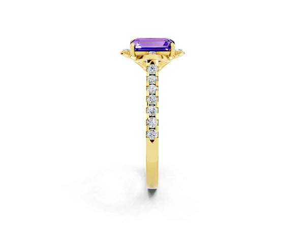 Yellow gold Emerald Cut Tanzanite Ring with Pavé Band and Floral Prong Setting