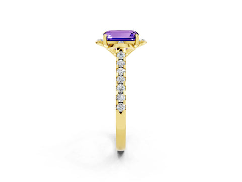 Yellow gold Emerald Cut Tanzanite Ring with Pavé Band and Floral Prong Setting_2