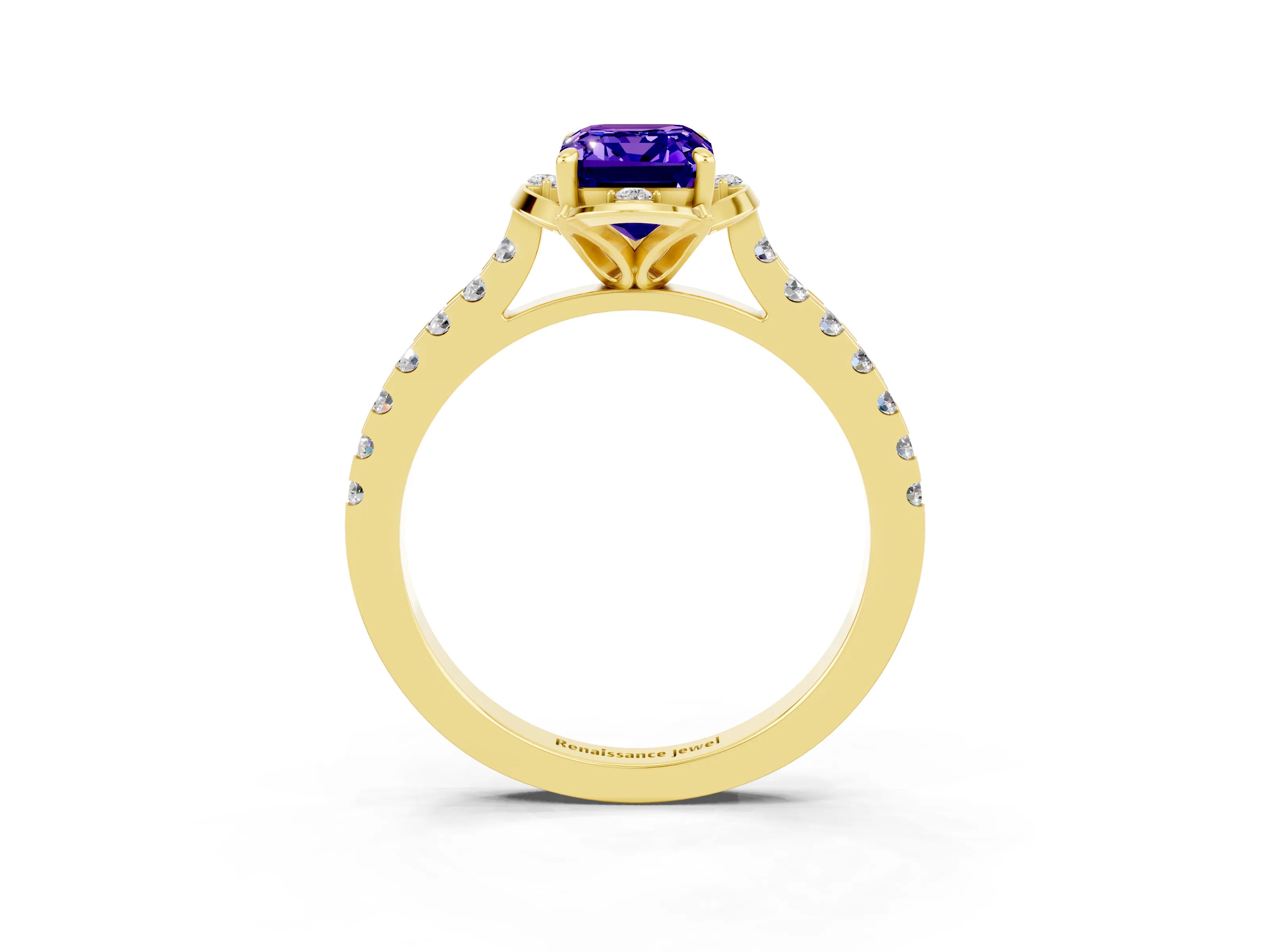 Yellow gold Emerald Cut Tanzanite Ring with Pavé Band and Floral Prong Setting_3