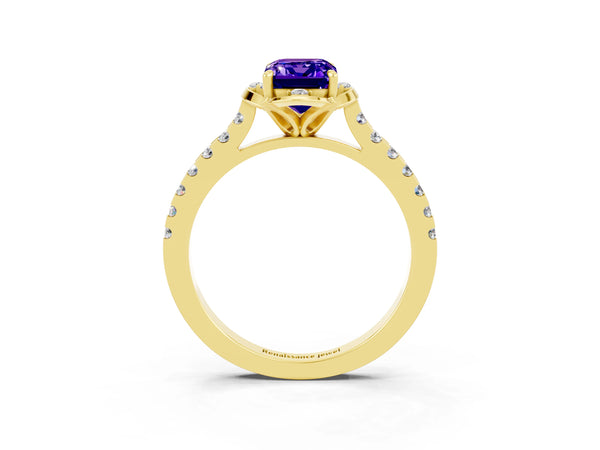 Yellow gold Emerald Cut Tanzanite Ring with Pavé Band and Floral Prong Setting