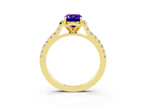 Yellow gold Emerald Cut Tanzanite Ring with Pavé Band and Floral Prong Setting_3