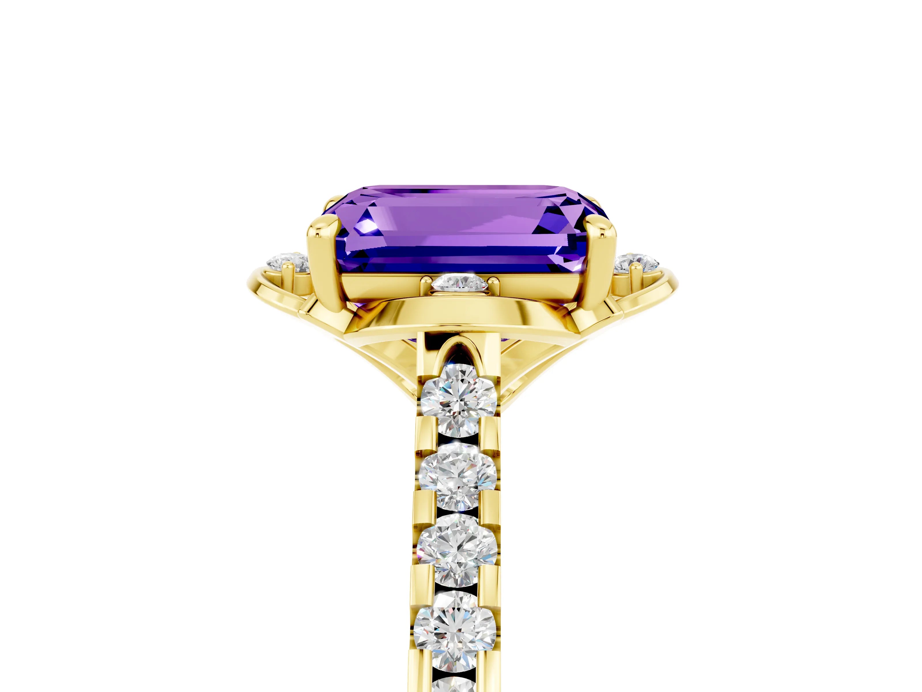 Yellow gold Emerald Cut Tanzanite Ring with Pavé Band and Floral Prong Setting_5