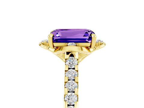 Yellow gold Emerald Cut Tanzanite Ring with Pavé Band and Floral Prong Setting_5