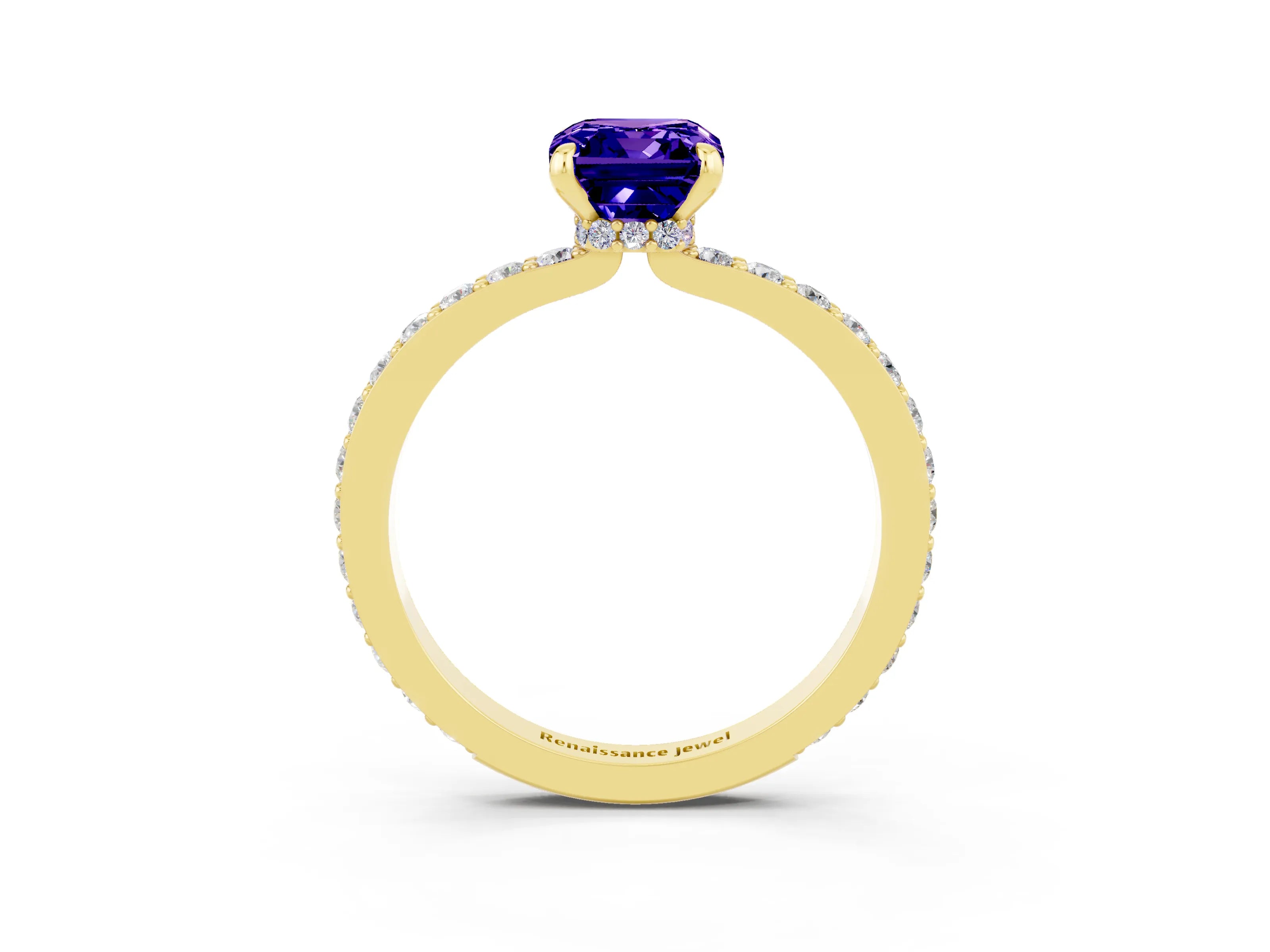 Yellow gold Emerald Cut Tanzanite Ring with Pavé Band and Four-Prong Setting_3