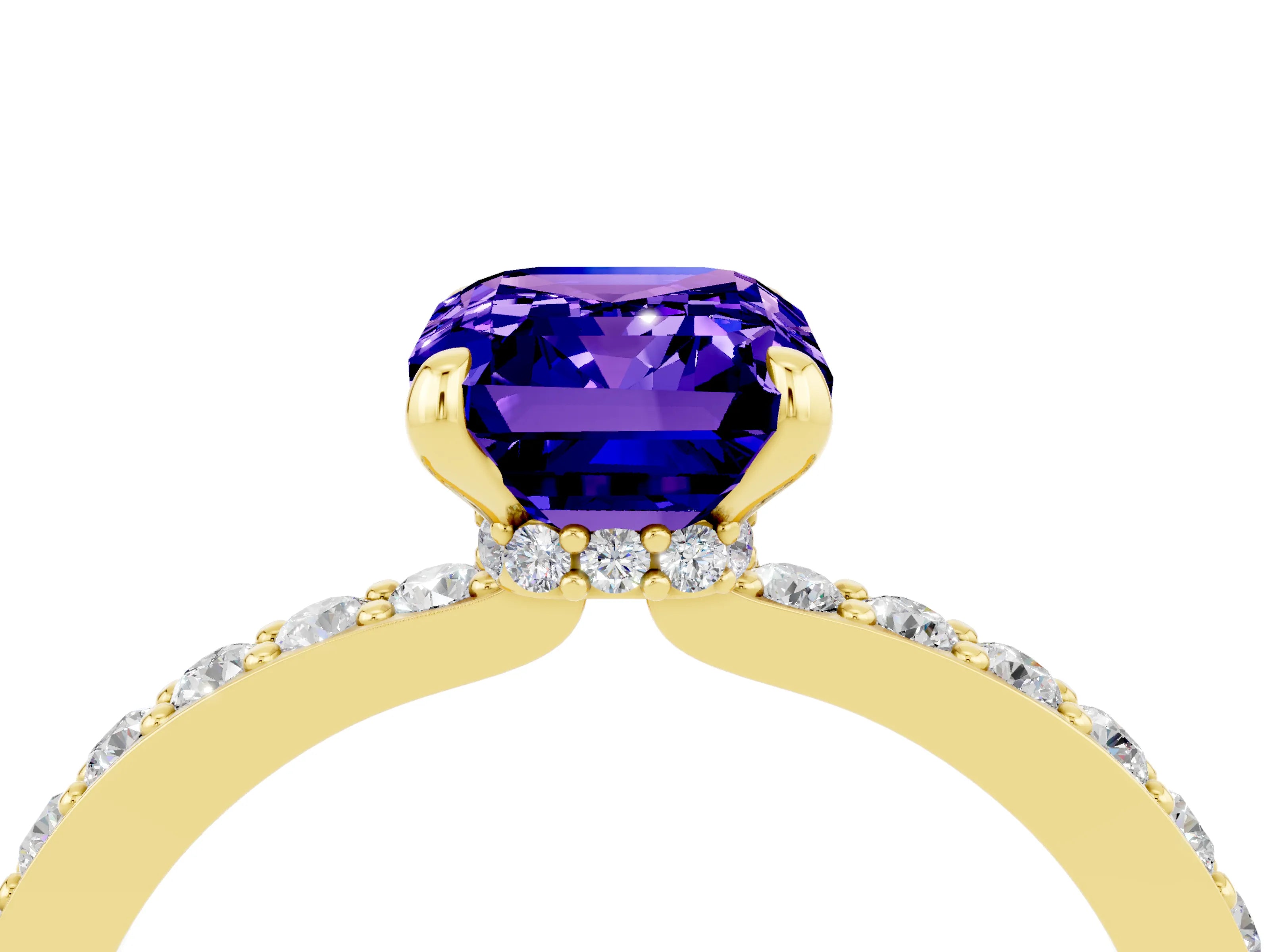 Yellow gold Emerald Cut Tanzanite Ring with Pavé Band and Four-Prong Setting_4