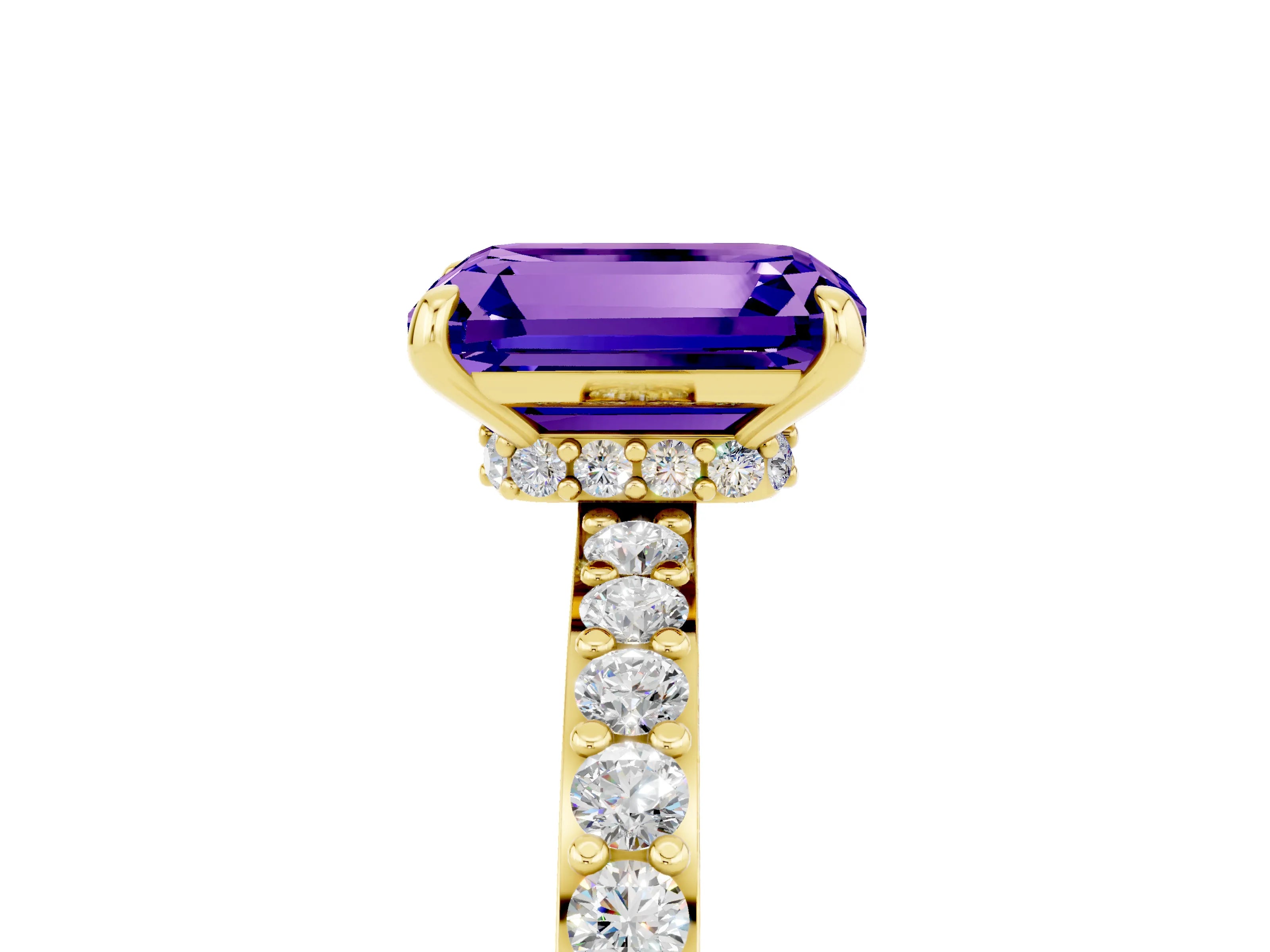 Yellow gold Emerald Cut Tanzanite Ring with Pavé Band and Four-Prong Setting_5