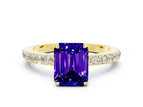 Yellow gold Emerald Cut Tanzanite Ring with Pavé Band and Four-Prong Setting