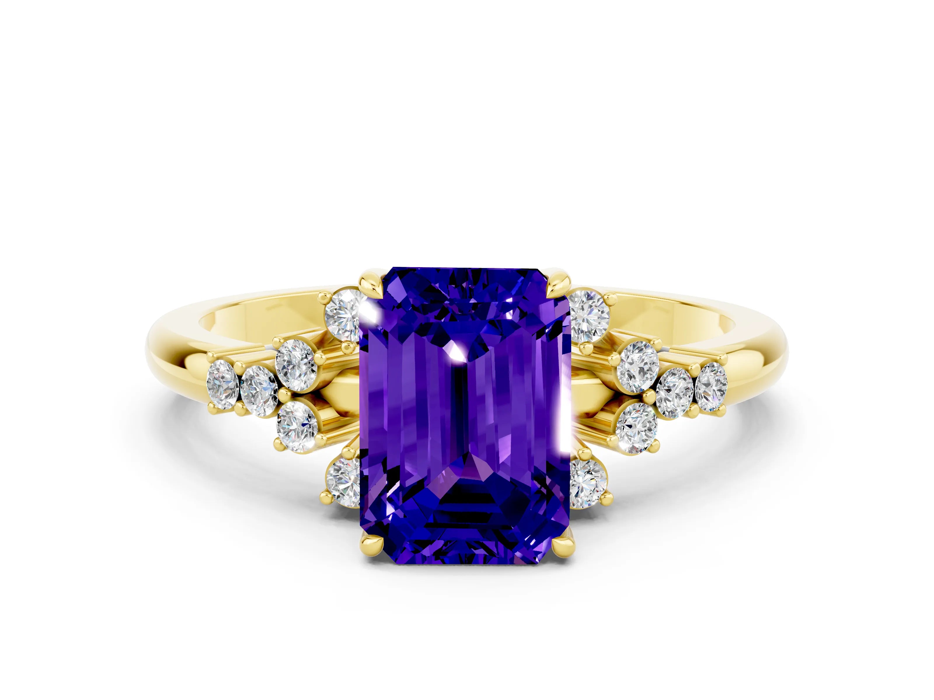 Yellow gold Emerald Cut Tanzanite Ring with Side Stones and Four-Prong Setting_36