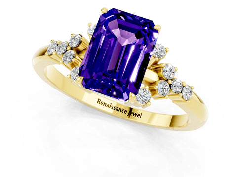 Yellow gold Emerald Cut Tanzanite Ring with Side Stones and Four-Prong Setting_37