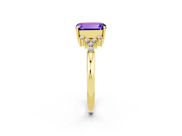 Yellow gold Emerald Cut Tanzanite Ring with Side Stones and Four-Prong Setting
