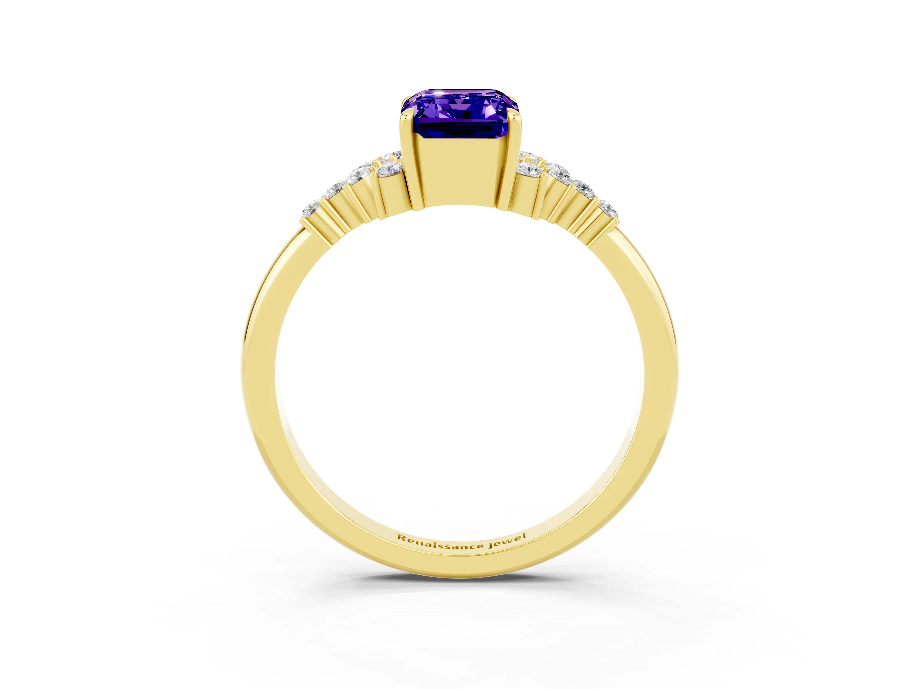 Yellow gold Emerald Cut Tanzanite Ring with Side Stones and Four-Prong Setting_39