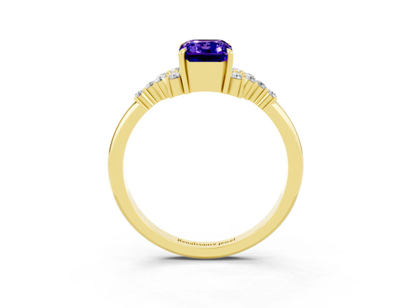 Yellow gold Emerald Cut Tanzanite Ring with Side Stones and Four-Prong Setting