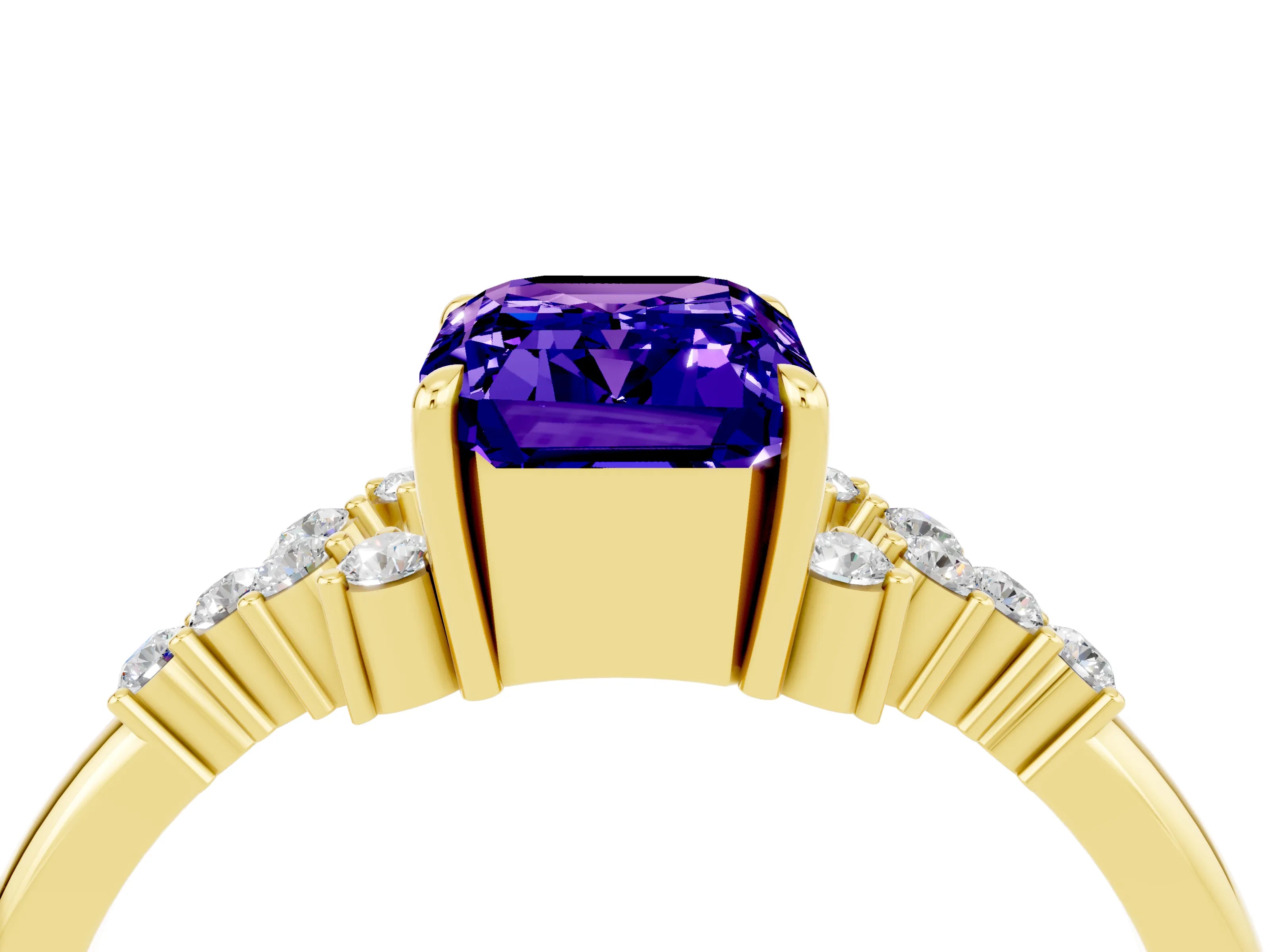 Yellow gold Emerald Cut Tanzanite Ring with Side Stones and Four-Prong Setting_40