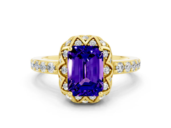 Yellow gold Emerald Cut Tanzanite Scalloped Halo Engagement Ring with Round Shared Prong Band
