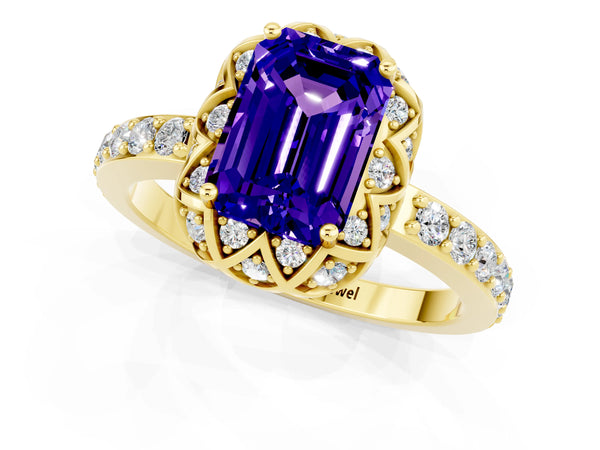 Yellow gold Emerald Cut Tanzanite Scalloped Halo Engagement Ring with Round Shared Prong Band
