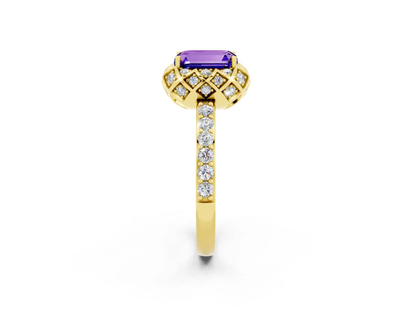 Yellow gold Emerald Cut Tanzanite Scalloped Halo Engagement Ring with Round Shared Prong Band