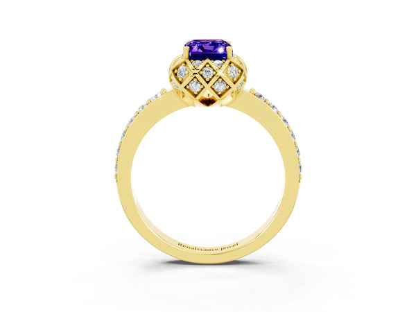 Yellow gold Emerald Cut Tanzanite Scalloped Halo Engagement Ring with Round Shared Prong Band