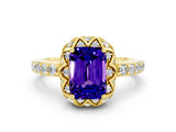 Yellow gold Emerald Cut Tanzanite Scalloped Halo Engagement Ring with Round Shared Prong Band_24